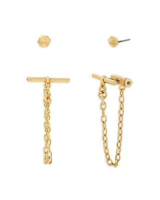Stud & Toggle Chain Front To Back Earrings In Silver Tone Or Gold Tone, Set Of 2 - ALLSAINTS 1 Stud & Toggle Chain Front To Back Earrings In Silver Tone Or Gold Tone, Set Of 2 - ALLSAINTS
